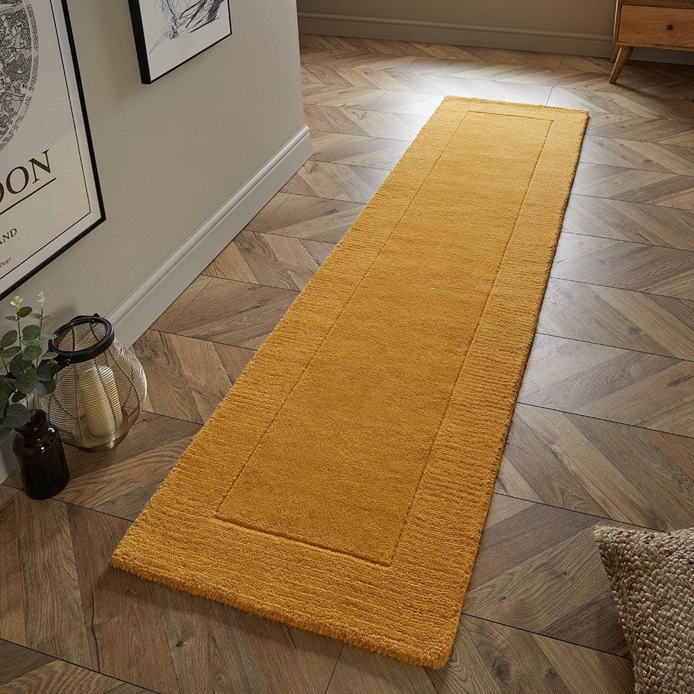 Esme Mayfair Carved Wool Runner Rugs in Ochre Yellow